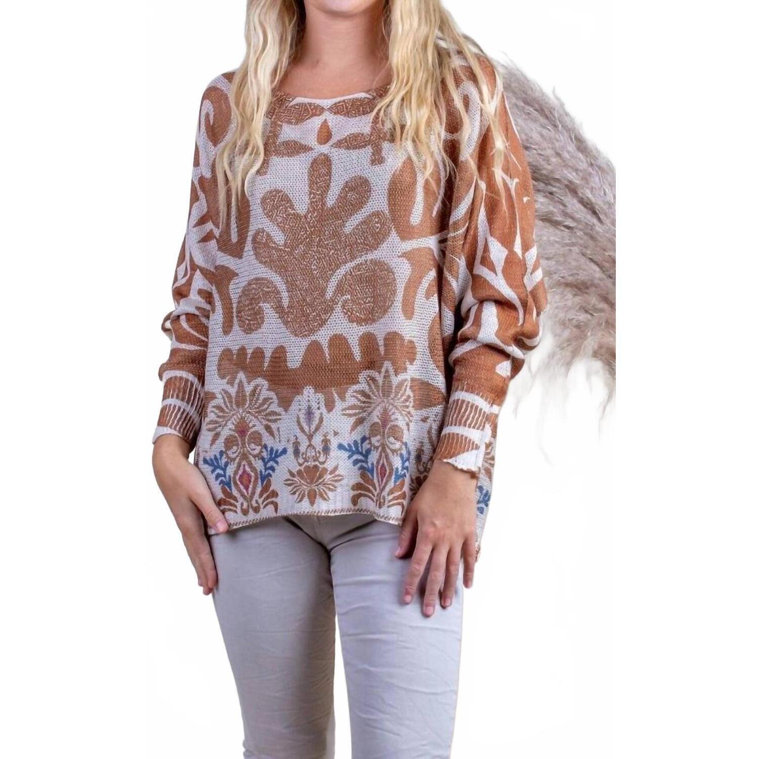 New Gigi Moda Emy Batwing Sweater With Azulejo Print In Camel